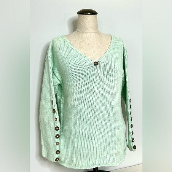 Pure Handknit Mint Green Chunky Thick Hand Knitted Sweater 100% Cotton size M/L - Picture 10 of 11